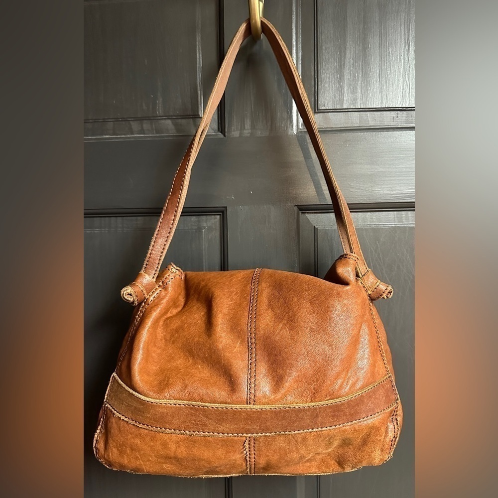 Lucky Brand Brown Italian Leather Shoulder Bag Double Handle Fold Over Closure - Picture 2 of 16